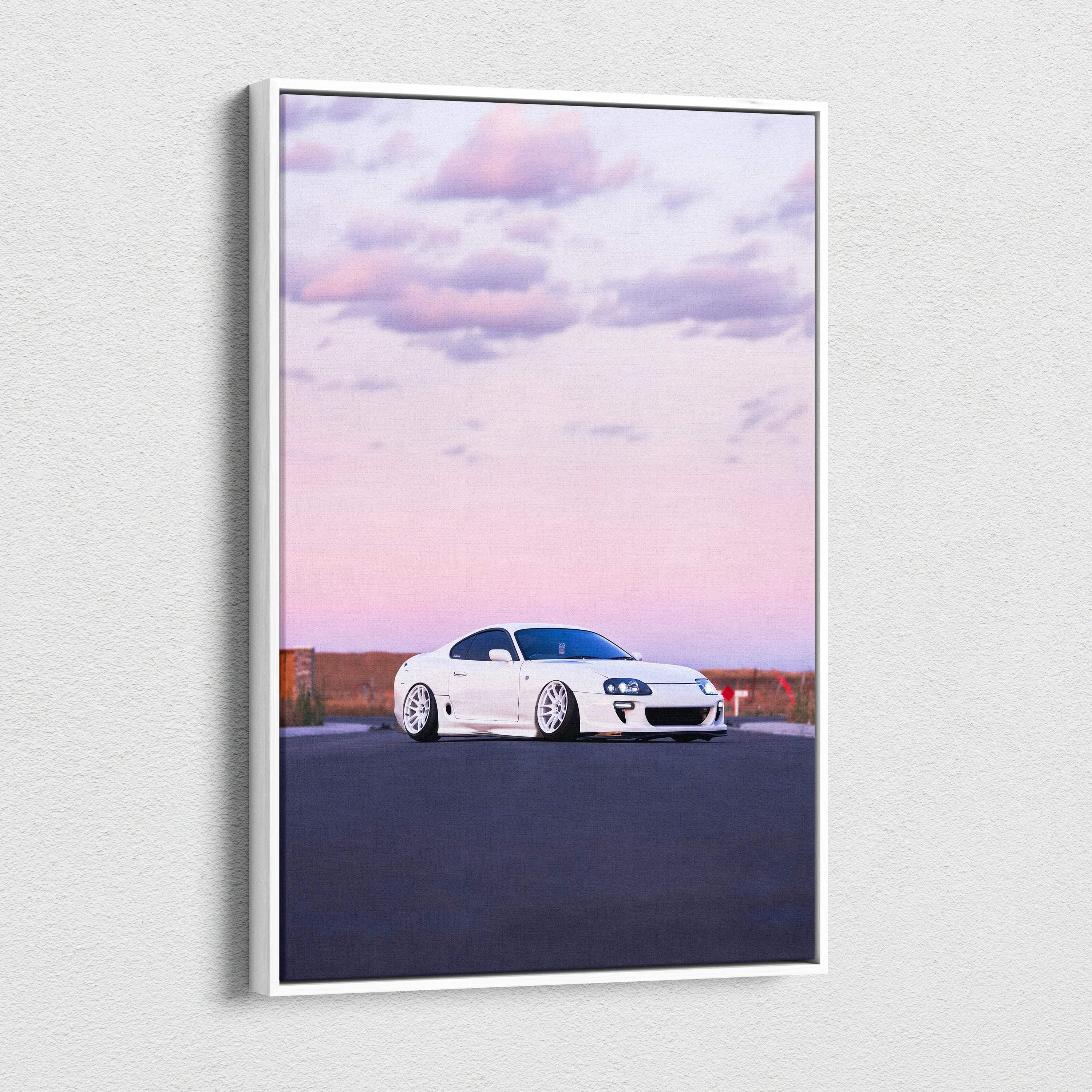 Toyota Supra MK4 white sports car canvas art with pink sky vertical wall art.
