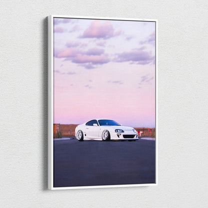 Toyota Supra MK4 white sports car canvas art with pink sky vertical wall art.
