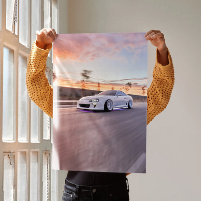 Toyota Supra MK4 white sports car poster driving at sunset, high-resolution wall art print.