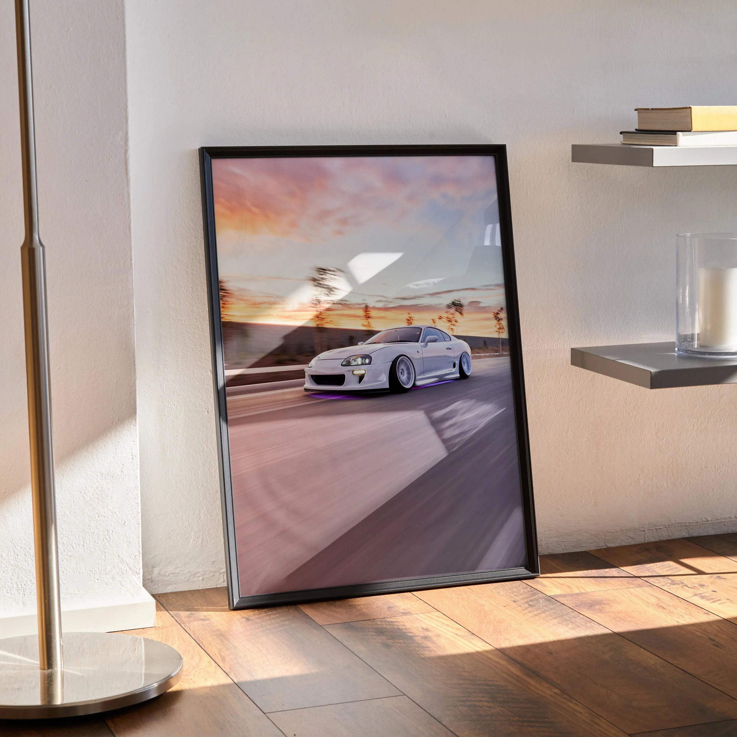 Toyota Supra MK4 poster with white sports car on racetrack at sunset, high-resolution wall art.