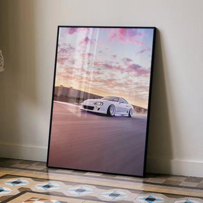 Toyota Supra MK4 poster with white car against vibrant sunset sky wall art.