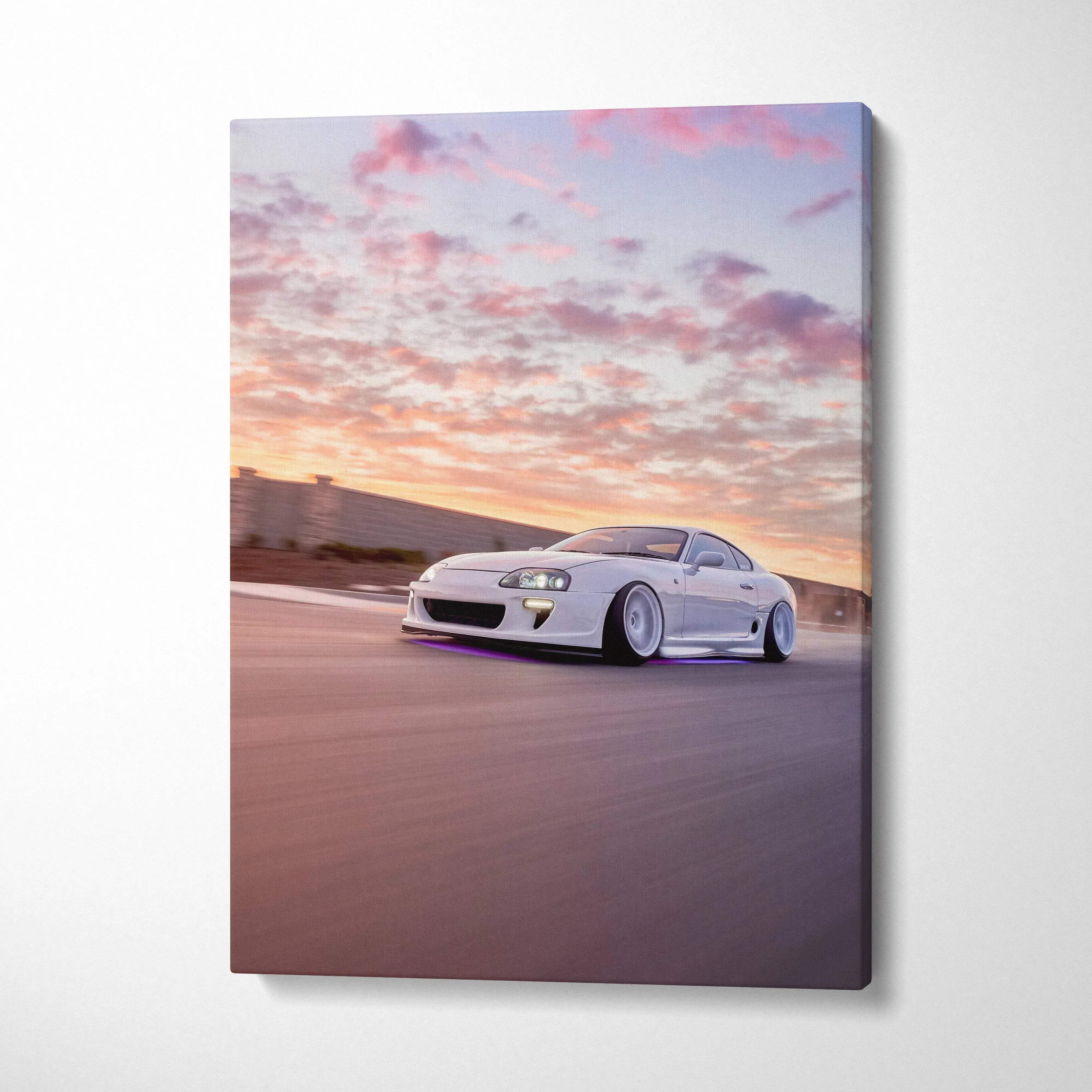 Toyota Supra MK4 speeding on road at sunset canvas wall art print.