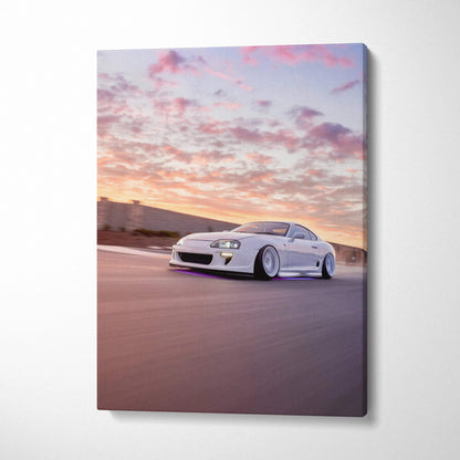 Toyota Supra MK4 speeding on road at sunset canvas wall art print.