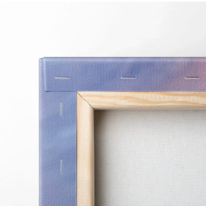 Close-up of wooden stretcher bars and taut canvas fabric on vertical wall art print with visible staples.