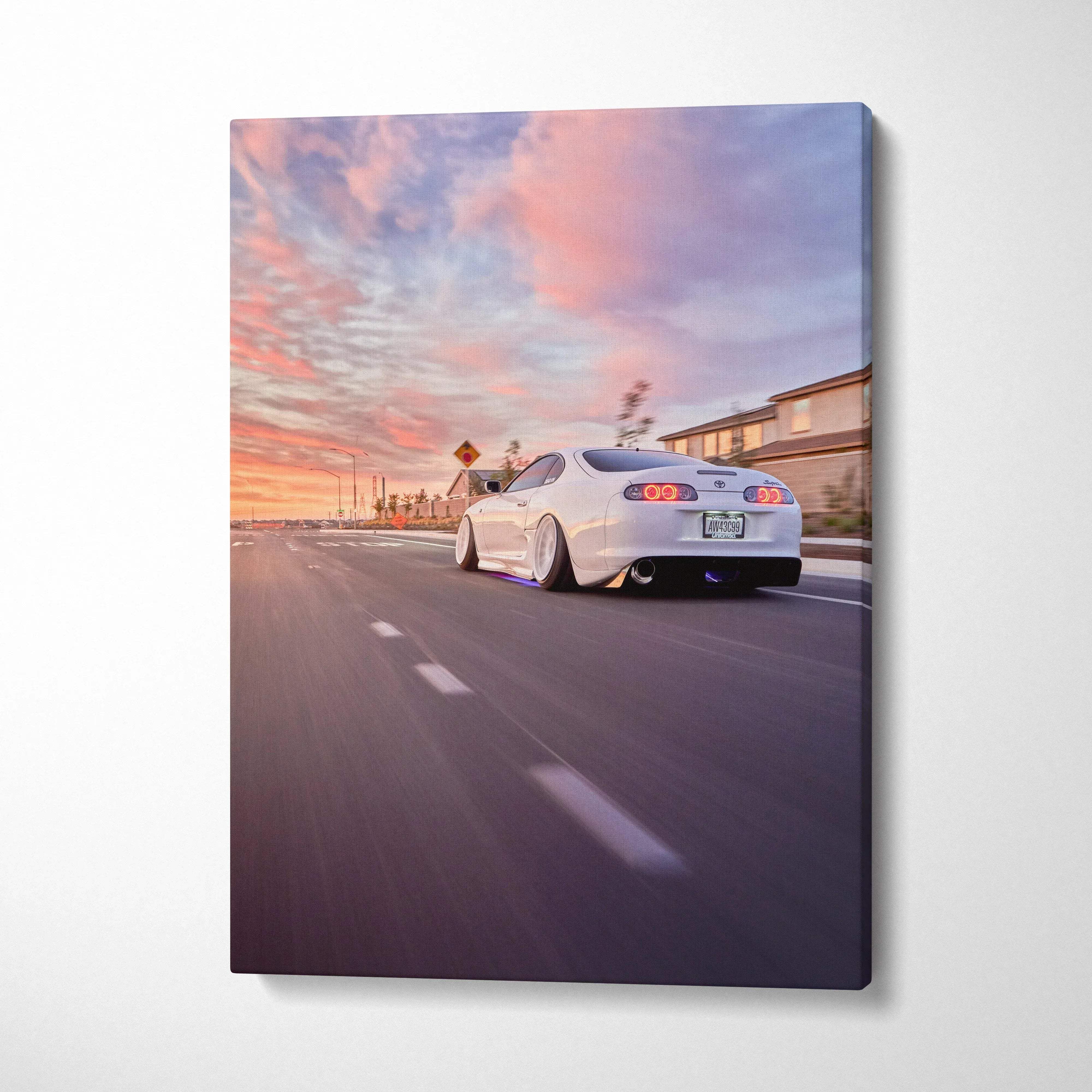 Toyota Supra MK4 at sunset on road, vibrant sky, vertical car canvas wall art.