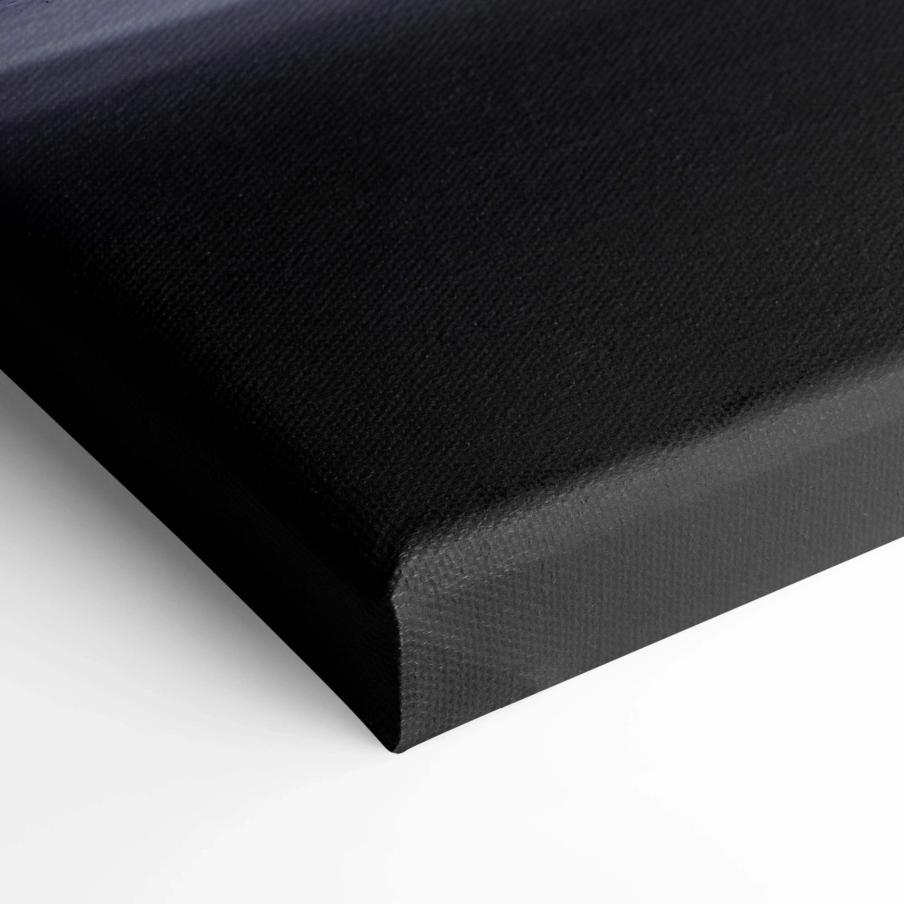 Close-up of black textured canvas wall art corner with thick white inner frame edge.