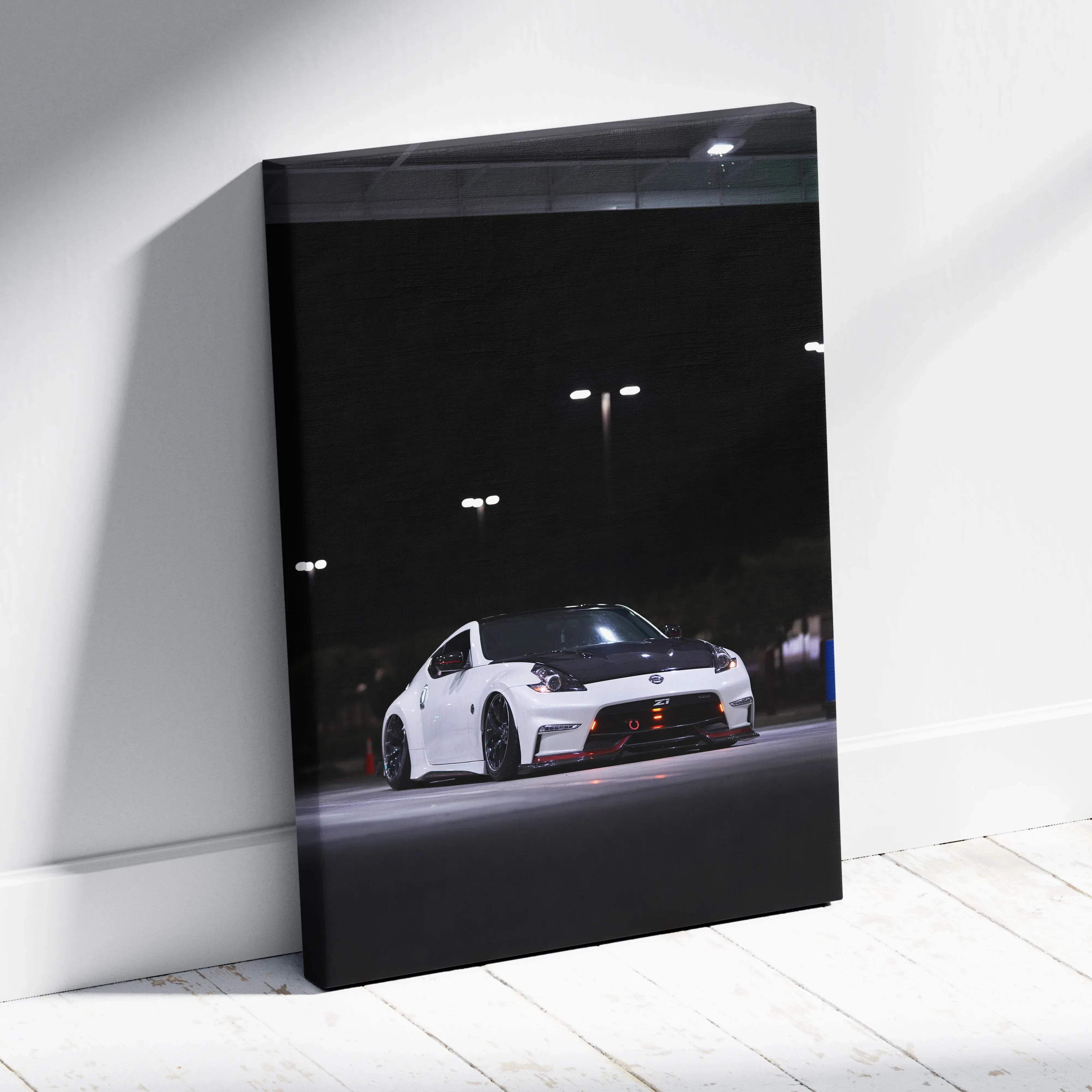 Black-framed canvas wall art featuring a white nissan 370z with black and red accents museum quality vertical print