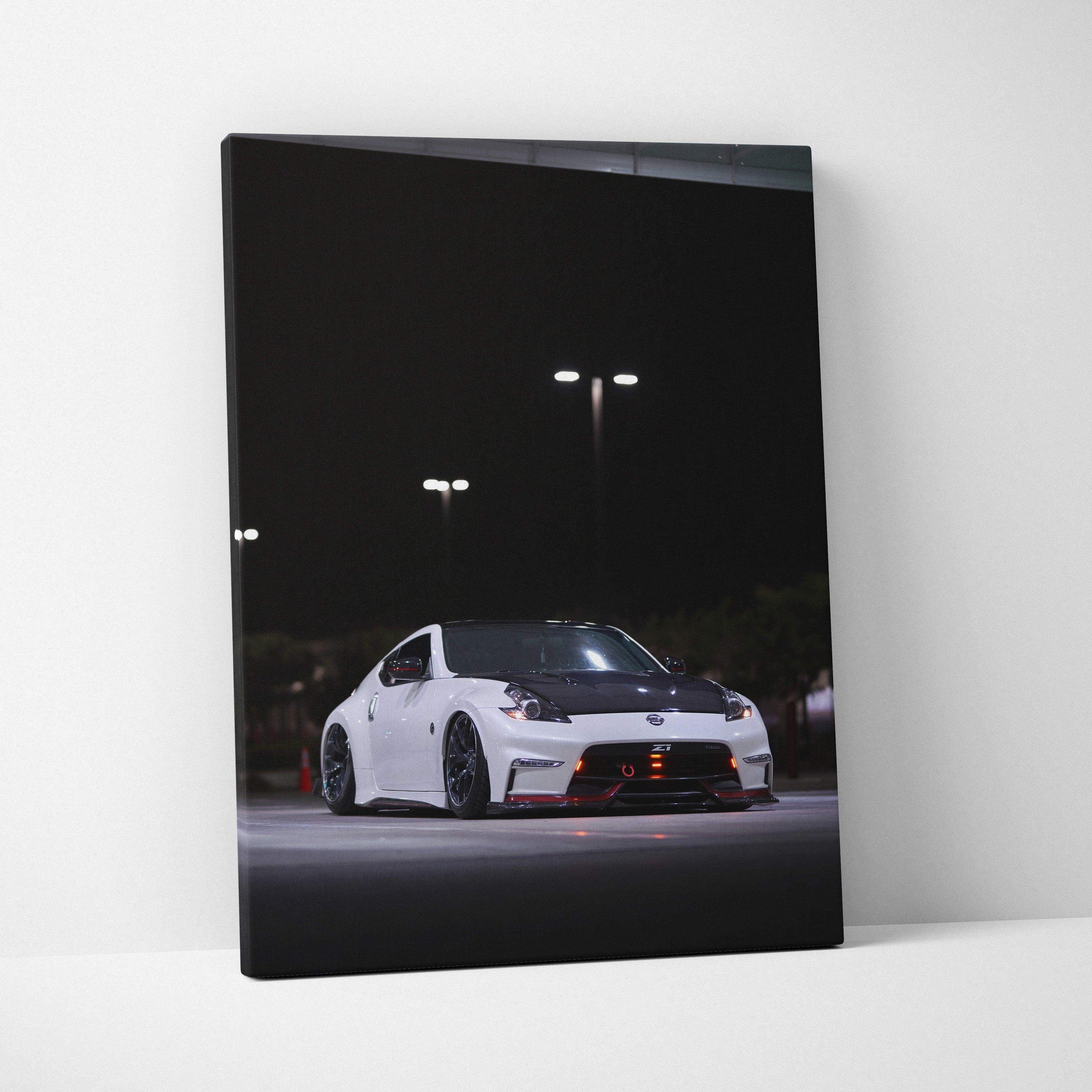 Nissan 370z white sports car night scene canvas wall art, vertical canvas art print.