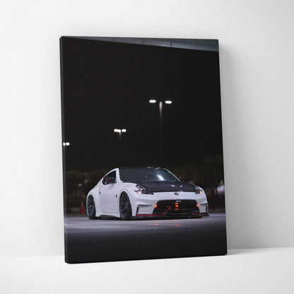 Nissan 370z white sports car night scene canvas wall art, vertical canvas art print.