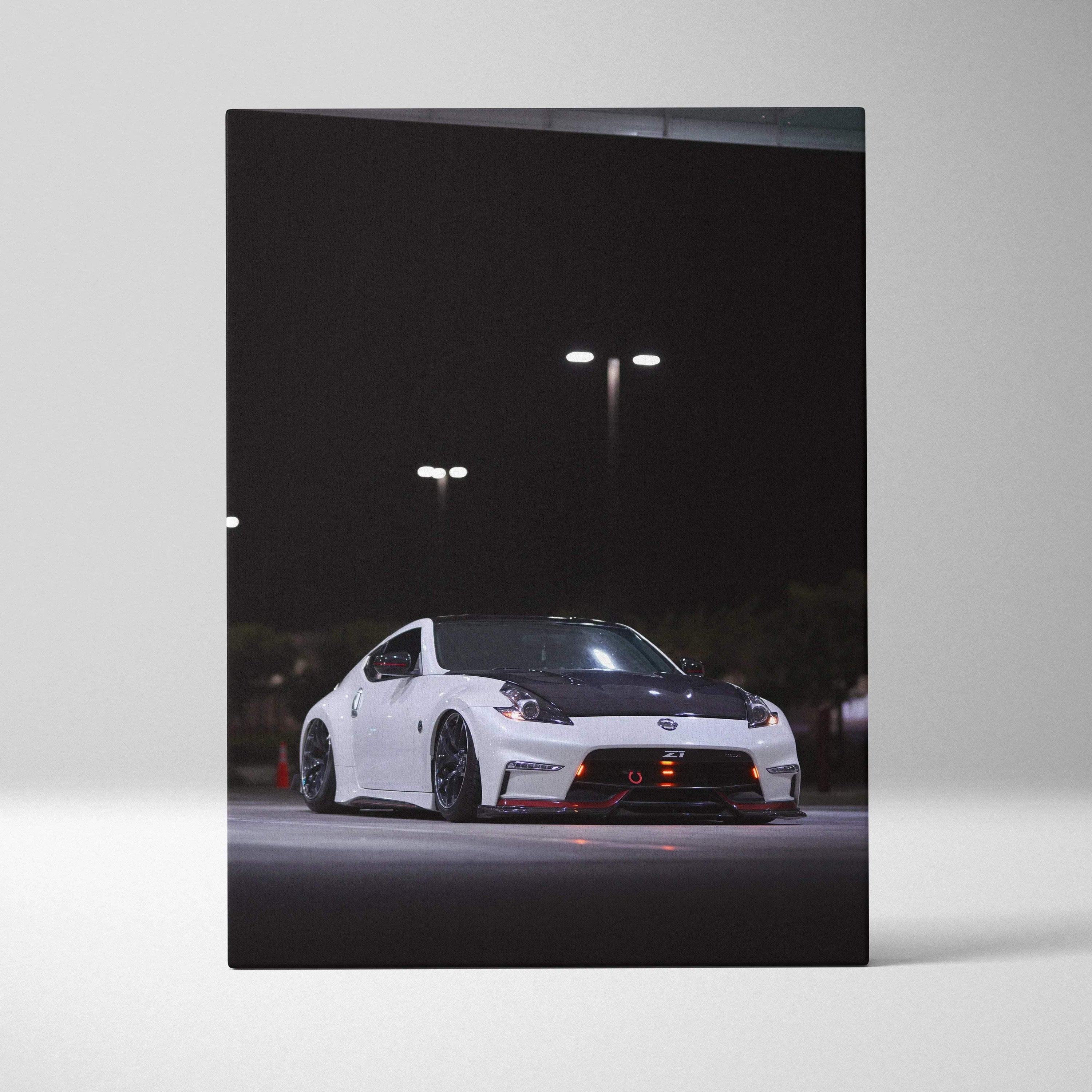 Vertical Nissan 370z white sports car canvas art with dark background wall art.