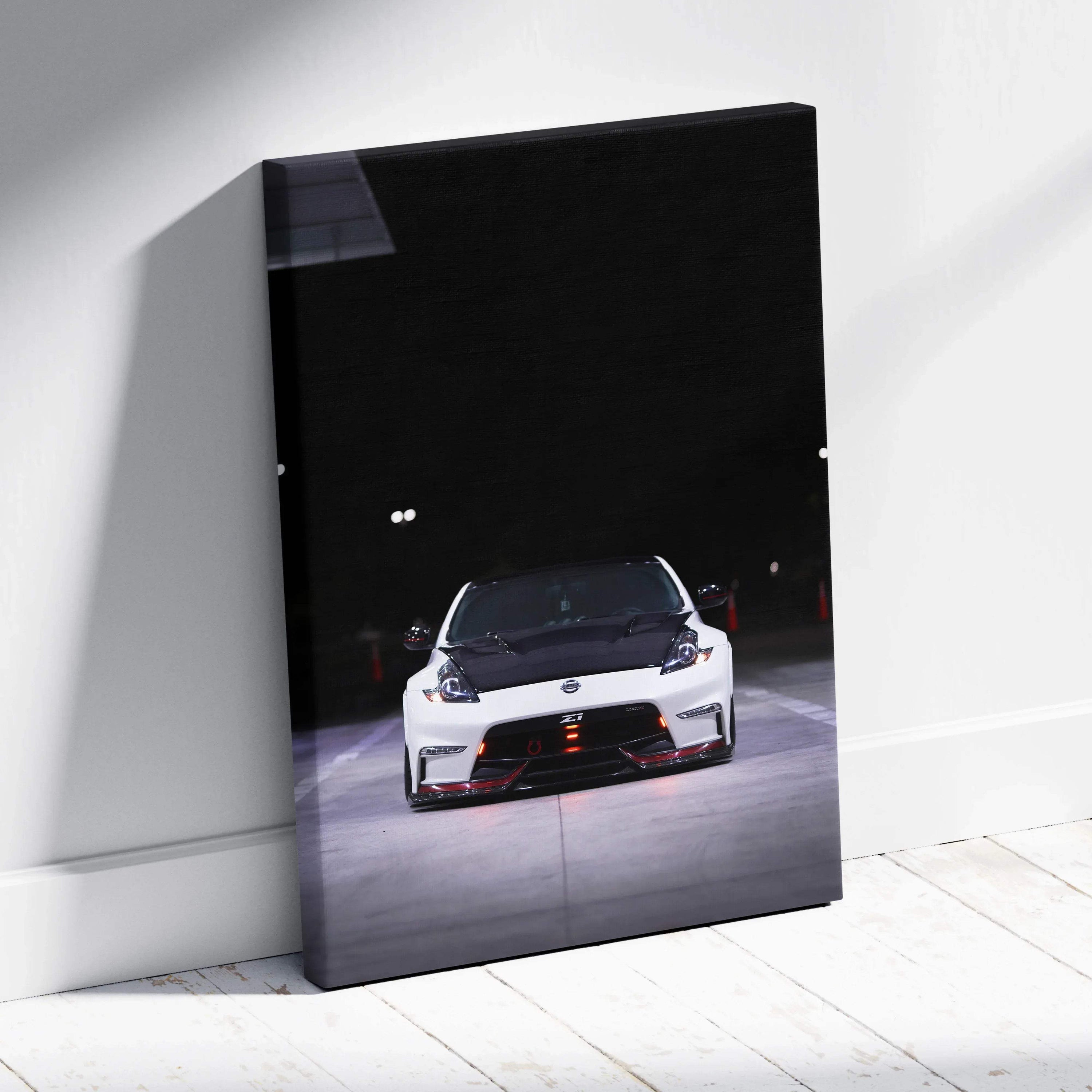 Nissan 370z front view on black background vertical canvas wall art on floor.