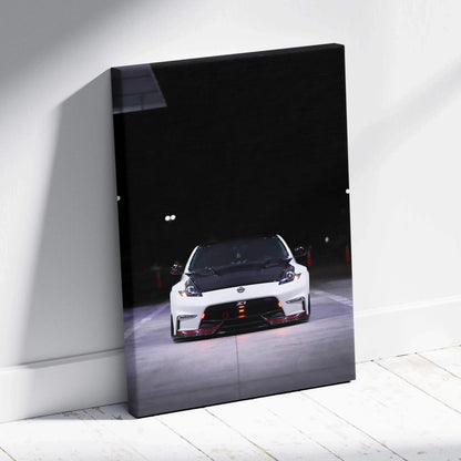 Nissan 370z front view on black background vertical canvas wall art on floor.