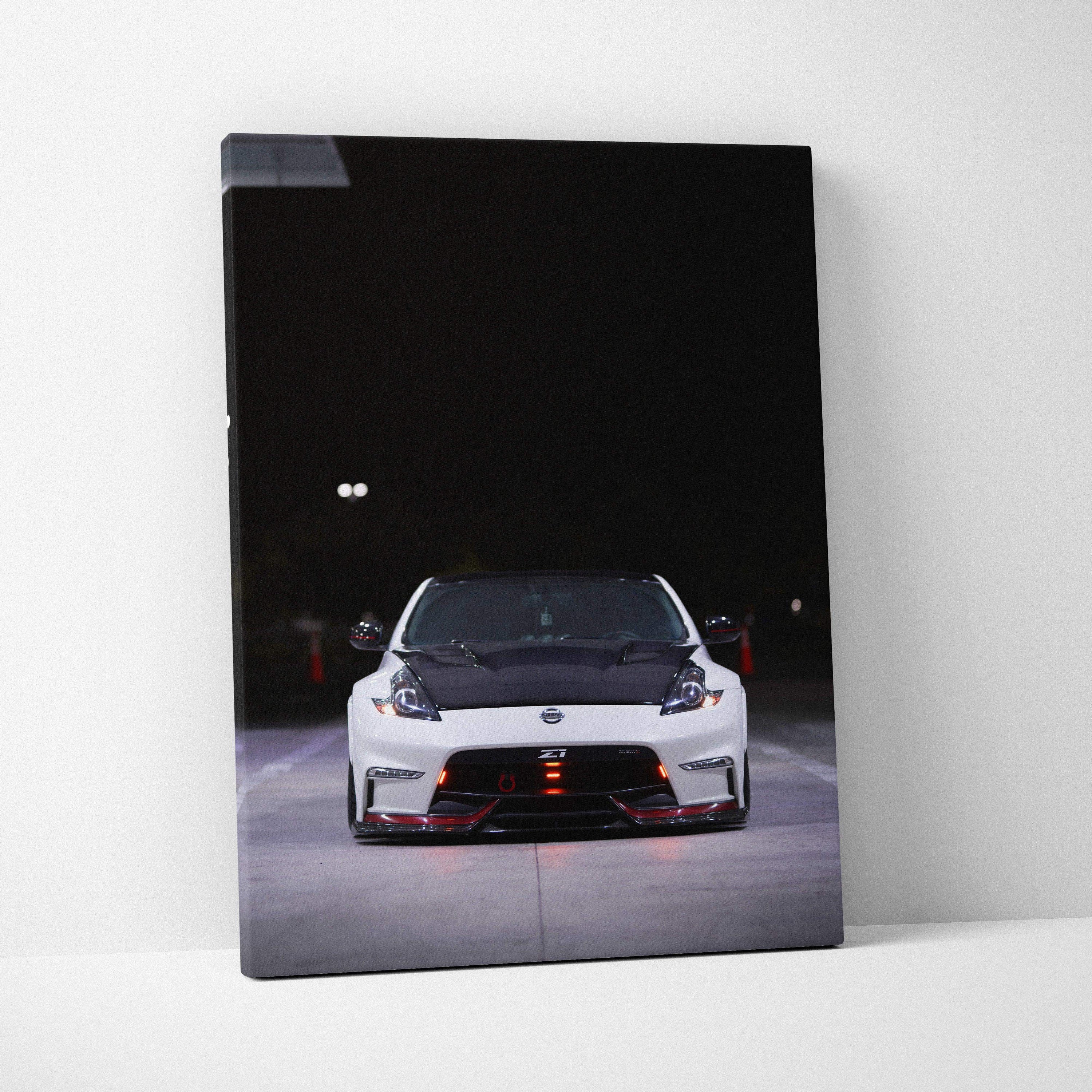 White Nissan 370z front view on black background vertical canvas wall art design.