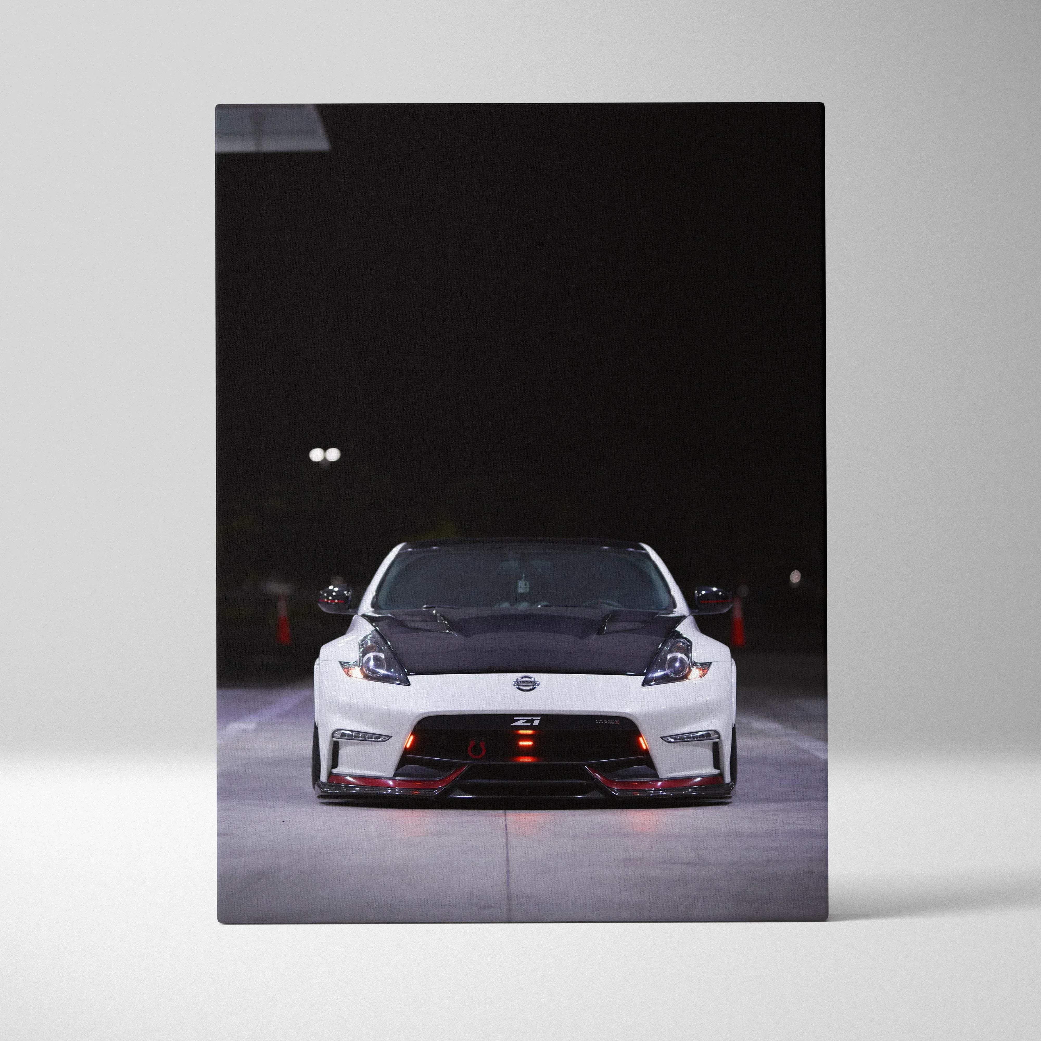 Canvas wall art vertical nissan 370z white and black sports car with red accent lighting modern decor print