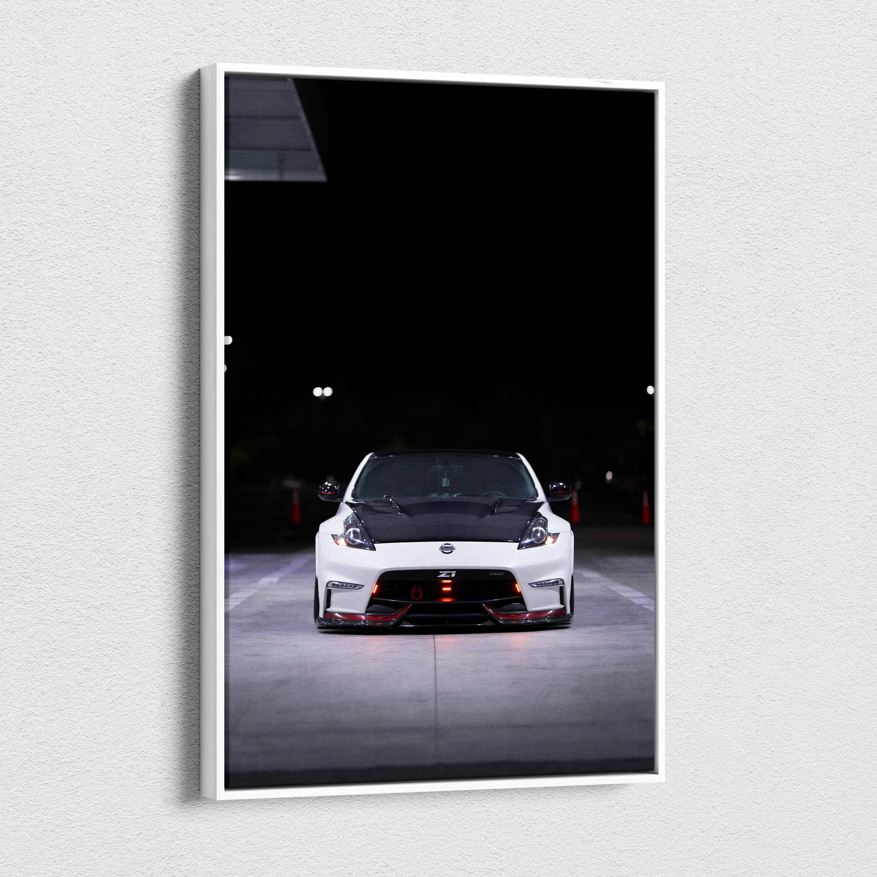 Vertical Nissan 370z canvas art in a dark setting, modern wall art with high-resolution detail.
