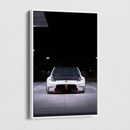 Vertical Nissan 370z canvas art in a dark setting, modern wall art with high-resolution detail.