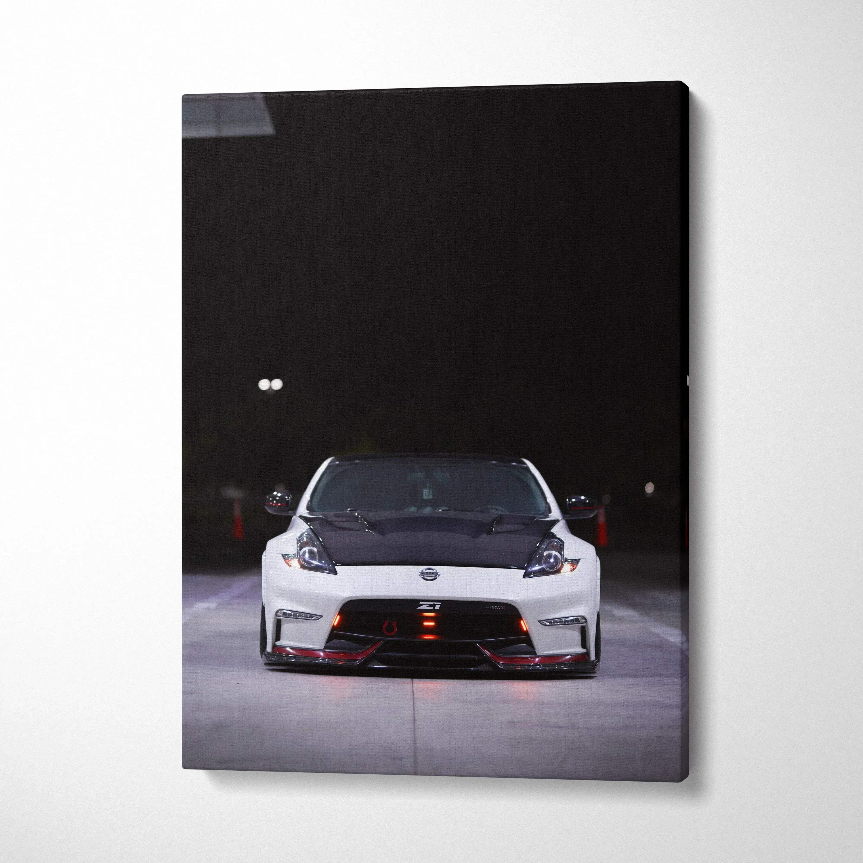 Nissan 370z front view car canvas art with dark background, vertical wall art print.