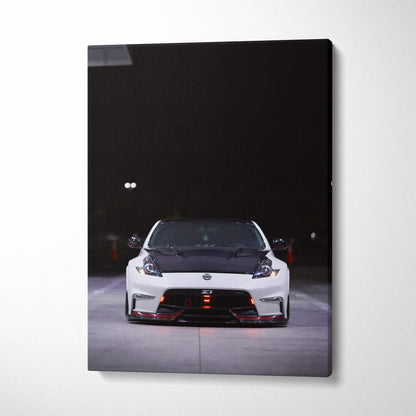Nissan 370z front view car canvas art with dark background, vertical wall art print.