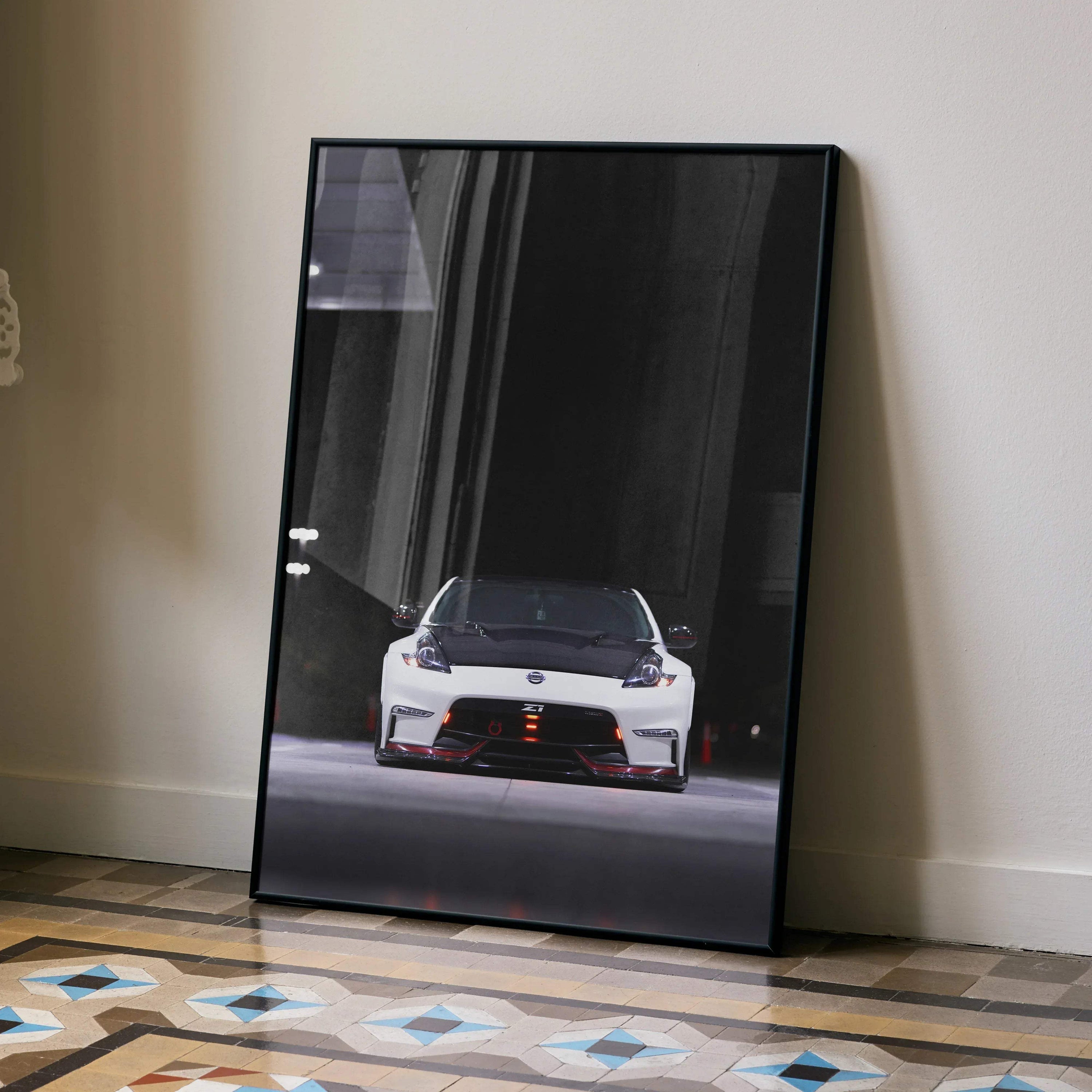 Nissan 370z front view poster with dark background and illuminated headlights wall art.