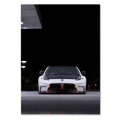 Nissan 370z front view poster with sleek white and black design, red accents on body, nighttime wall art.