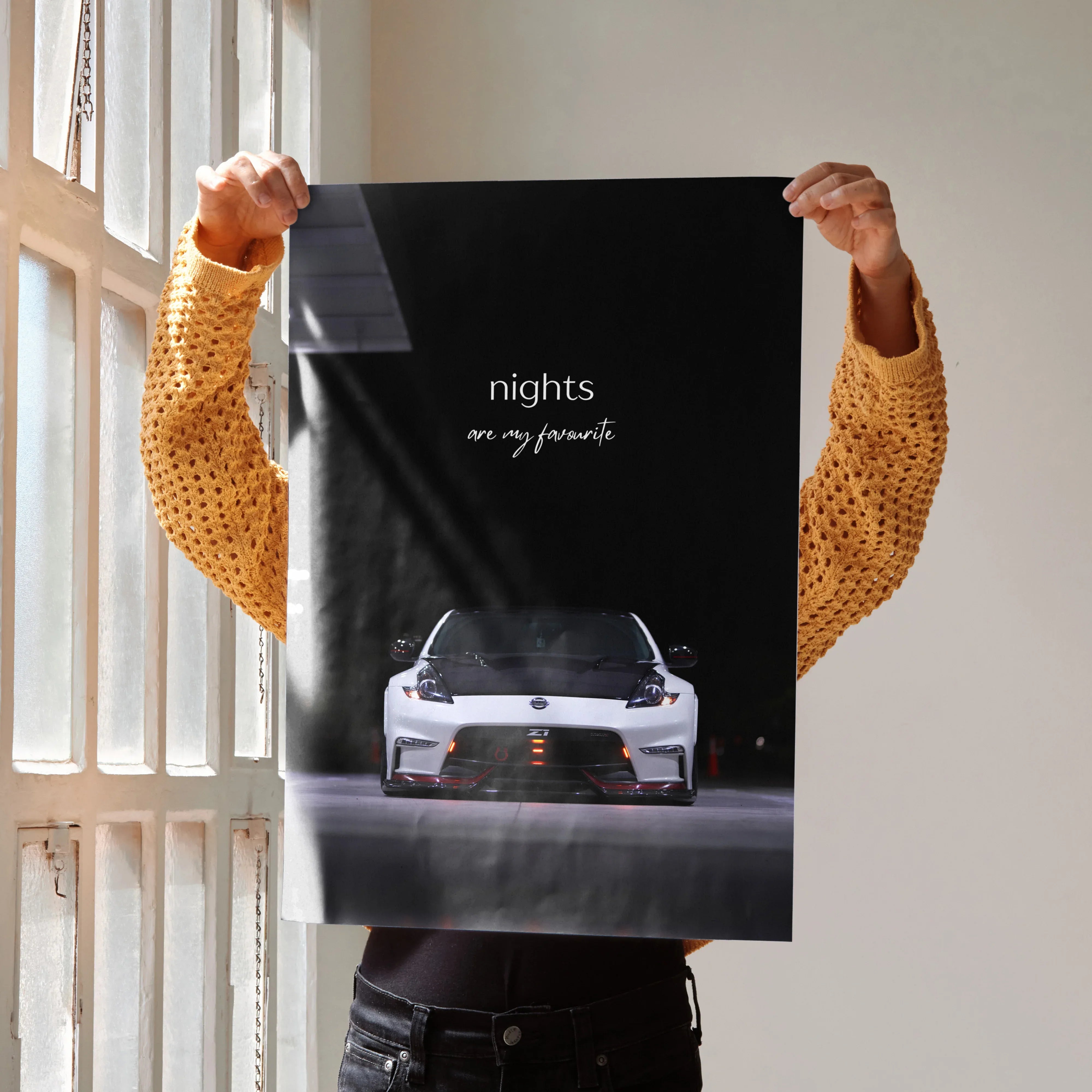 Nissan 370z poster wall art with inspiring text "nights are my favorite" on black background.