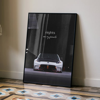 Nissan 370z white sports car at night motivational poster wall art in black frame.