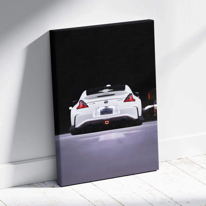 Nissan 370z rear view on vertical canvas wall art with dark background and glossy finish.