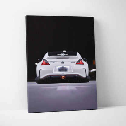 White Nissan 370z rear view on black background canvas wall art print.