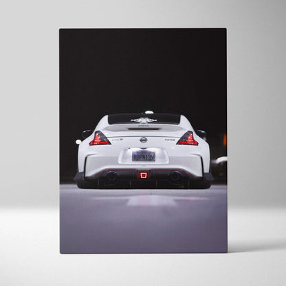 Nissan 370z rear view canvas wall art with high-resolution car photo on vertical canvas art panel.