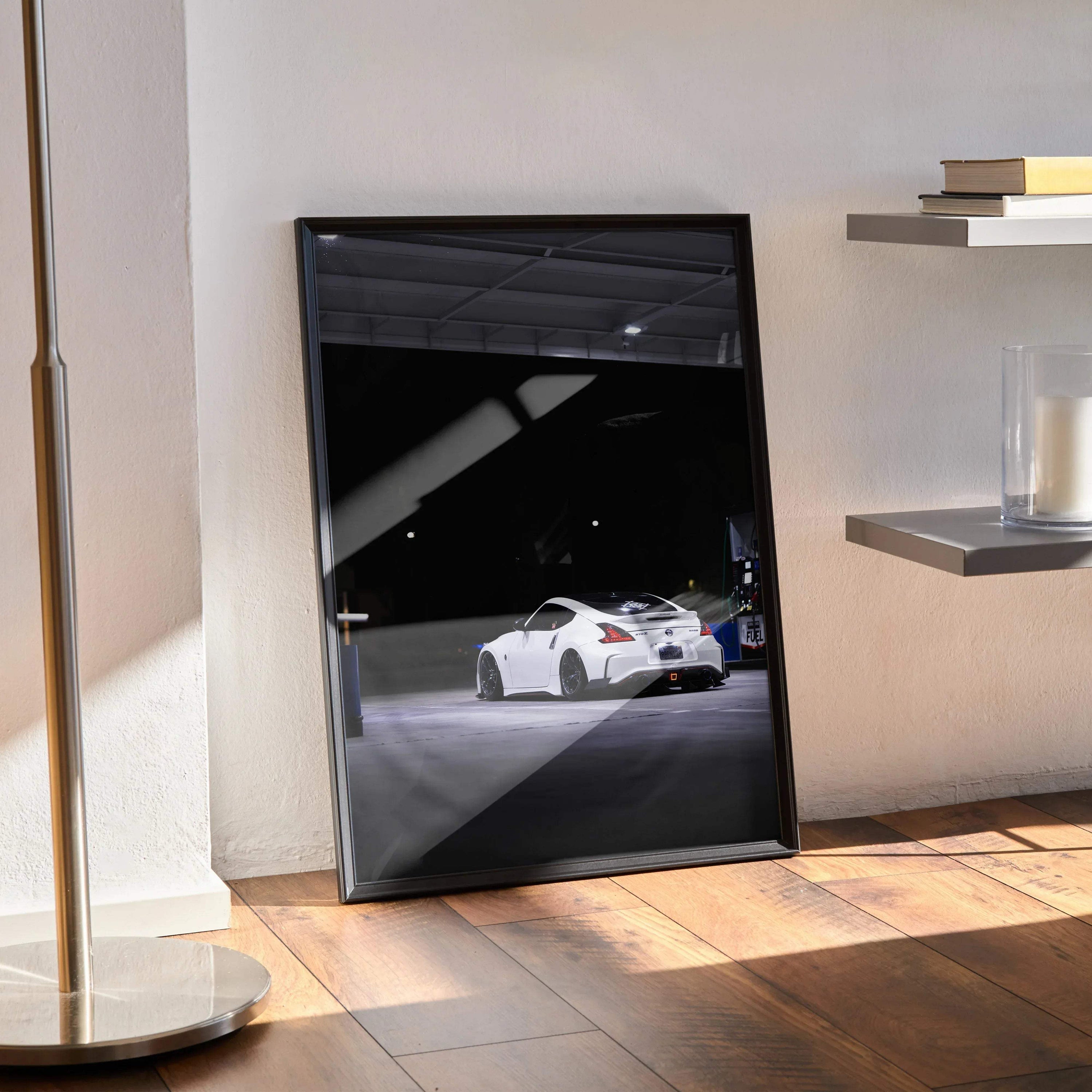 Nissan Z34 370z white sports car poster leaning against wall modern interior wall art print.
