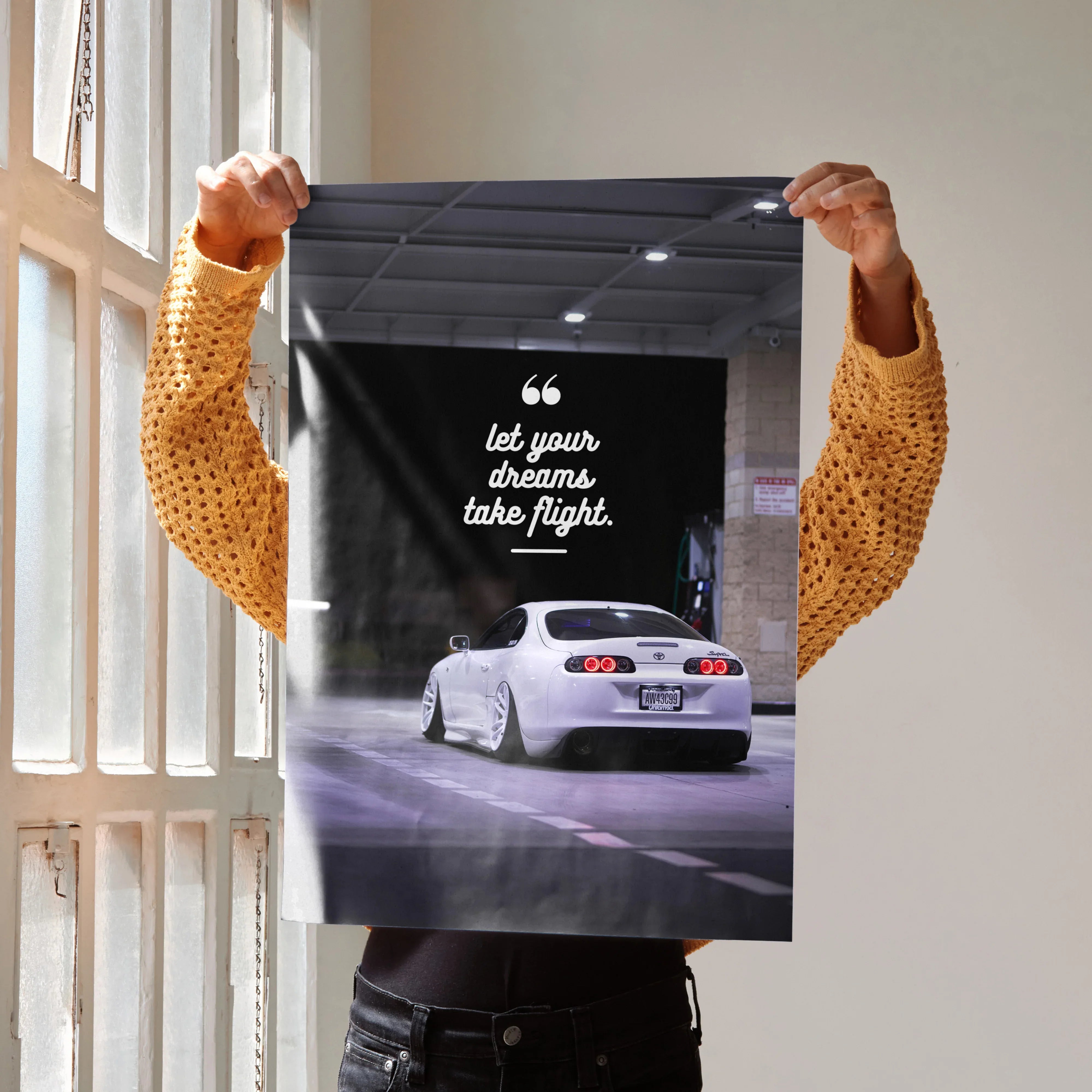 Toyota Supra Mk4 poster with inspiring "Let your dreams take flight" text, wall art design.