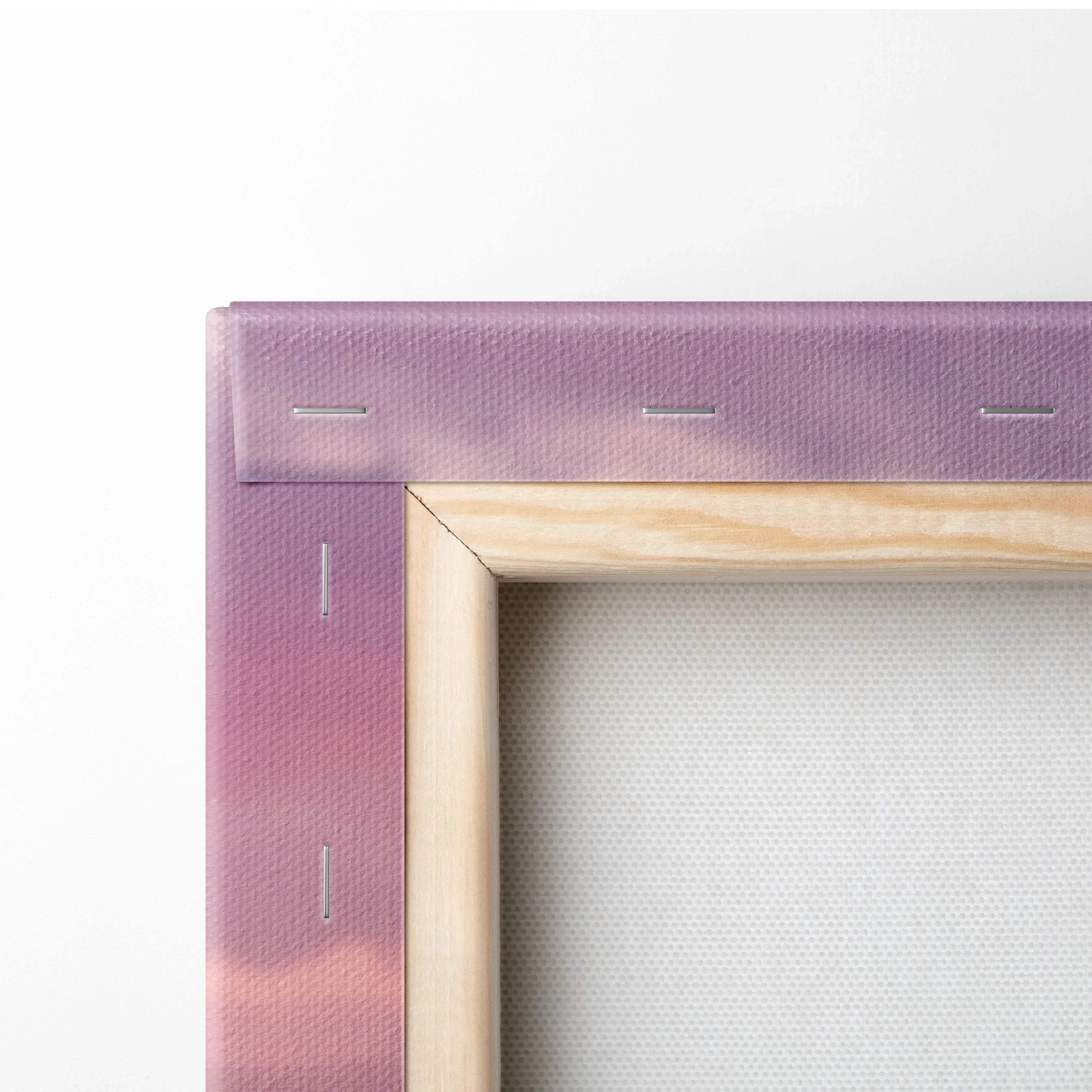 Close-up of wooden frame and stapled purple canvas corner for vertical wall art canvas print.