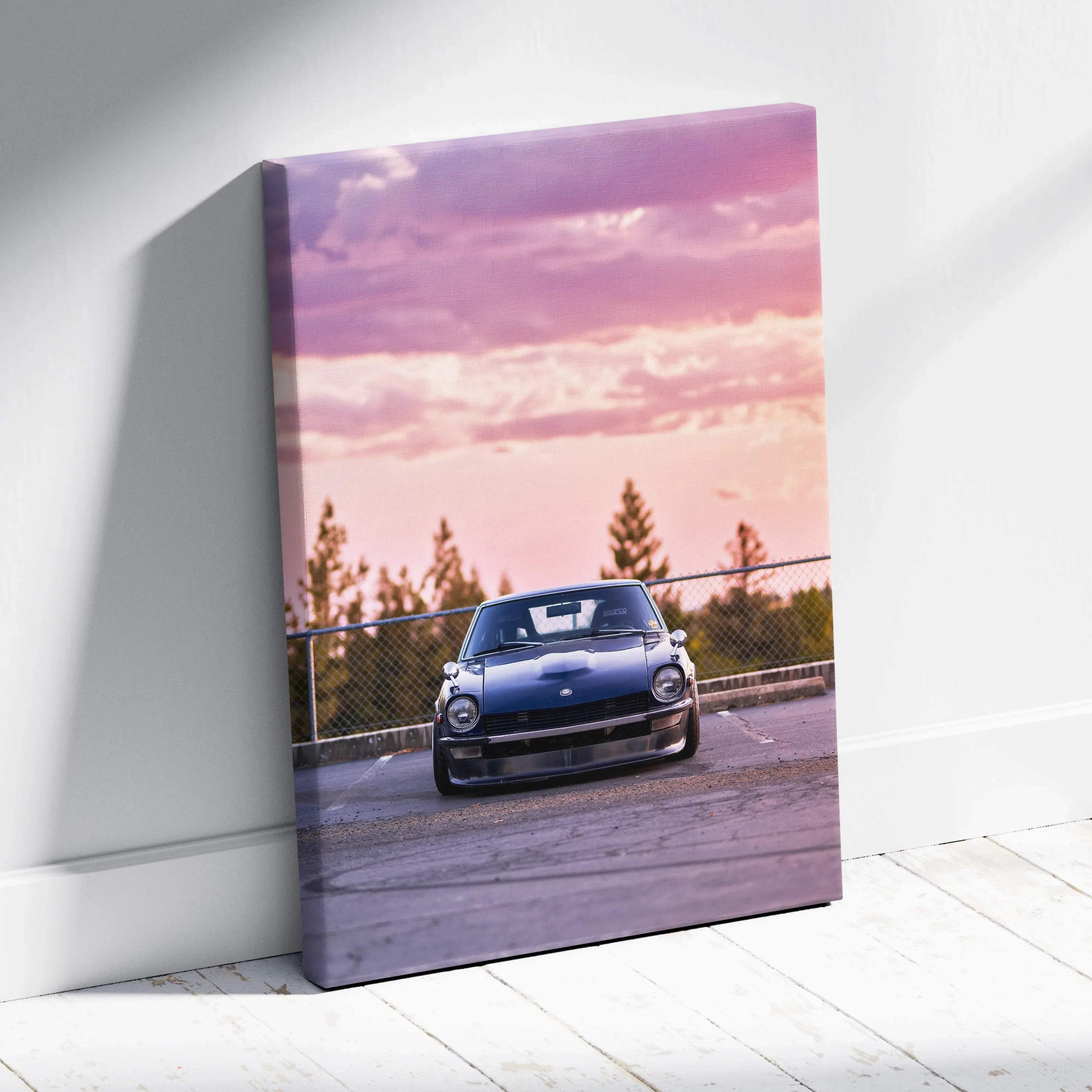 Nissan 240z front view against sunset sky on vertical canvas wall art with purple and orange tones.