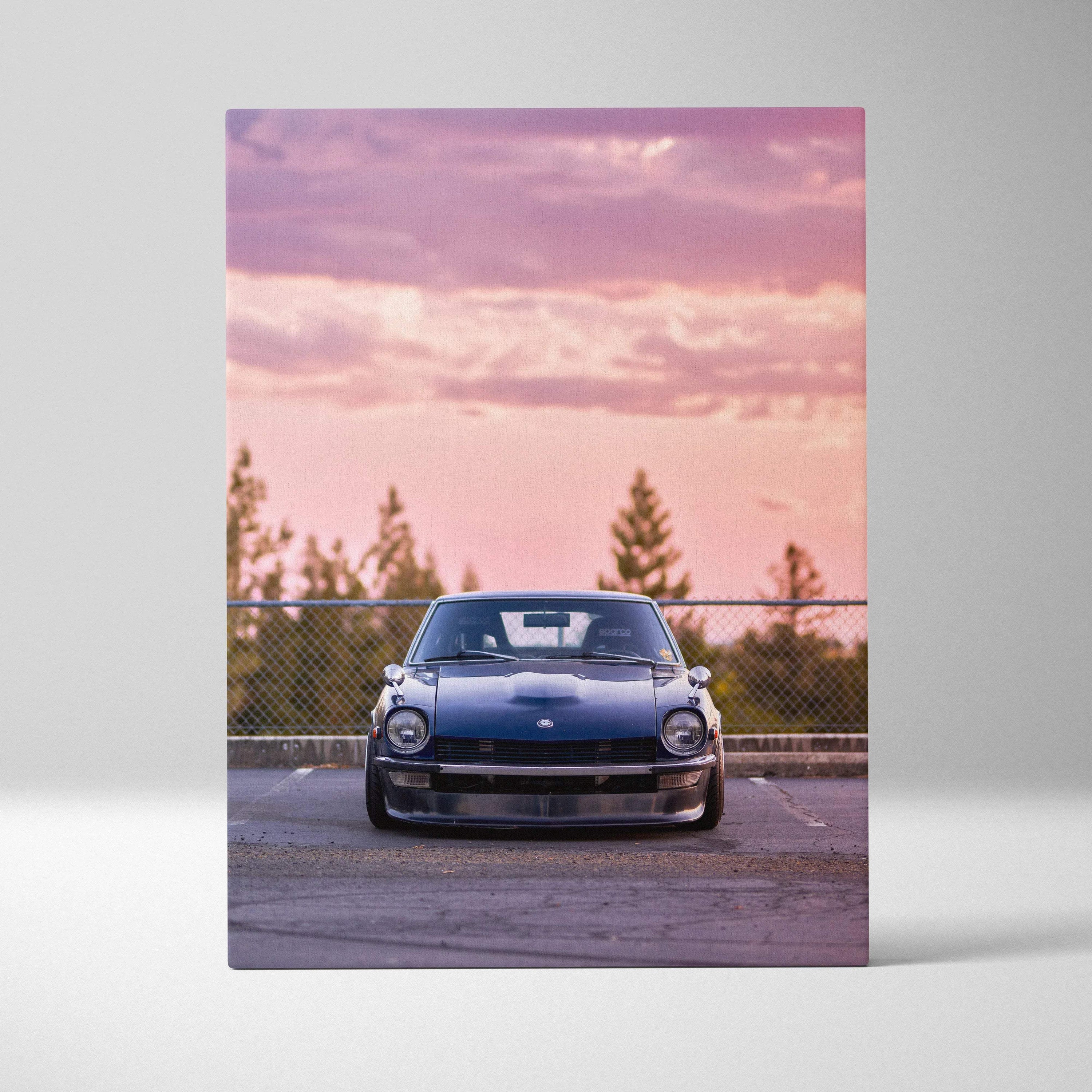 Nissan 240z in front view with sunset sky background on vertical canvas wall art.