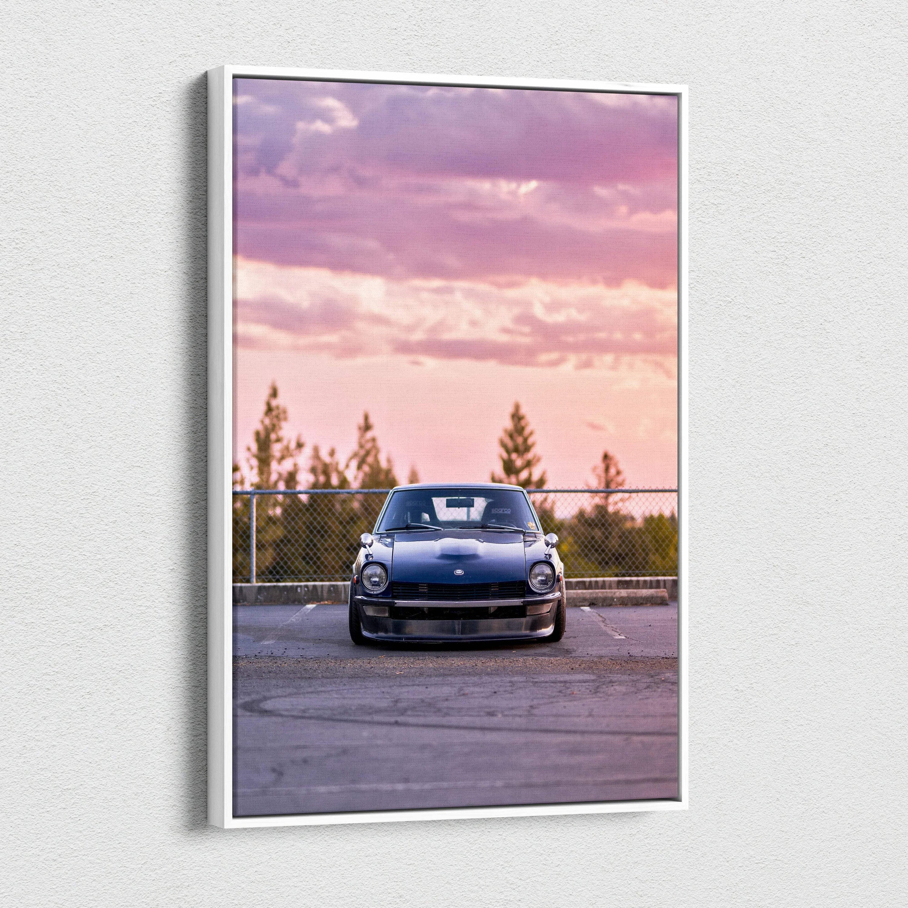 Vertical canvas art featuring a black Nissan 240z against a pink and purple sunset sky, wall art print.