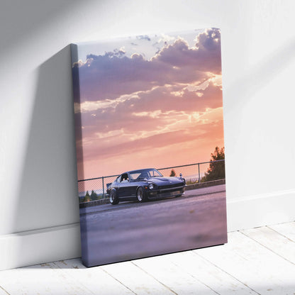 Nissan 240z parked under vibrant sunset sky on vertical canvas wall art.