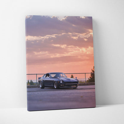 Nissan 240z parked under vibrant sunset sky canvas wall art print.