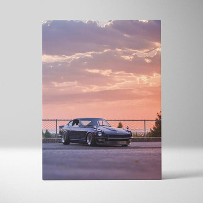 Black Nissan 240z parked under a purple and orange sunset sky on vertical canvas wall art.
