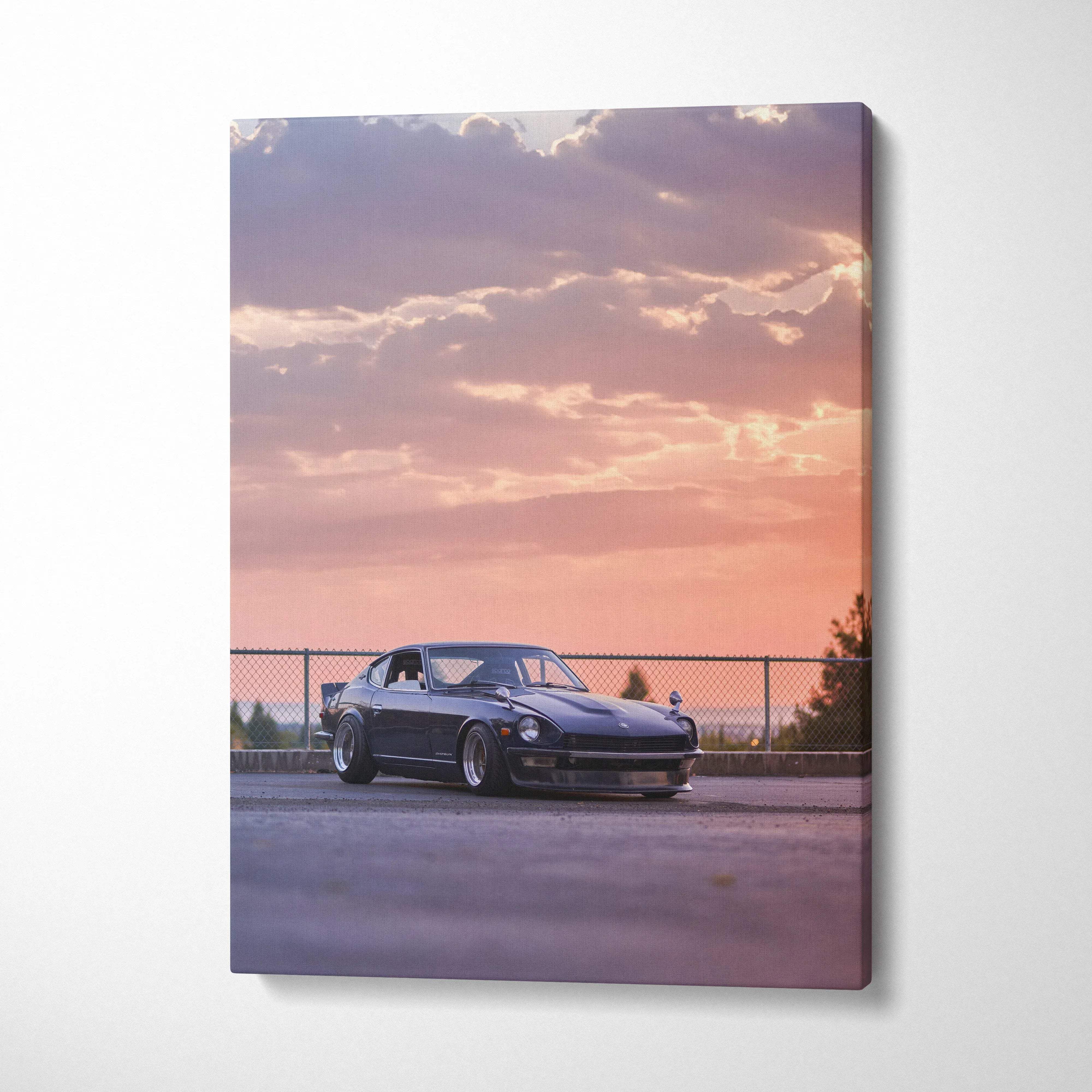 Nissan 240z at sunset on vertical canvas wall art with vibrant sky background.