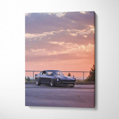 Nissan 240z at sunset on vertical canvas wall art with vibrant sky background.