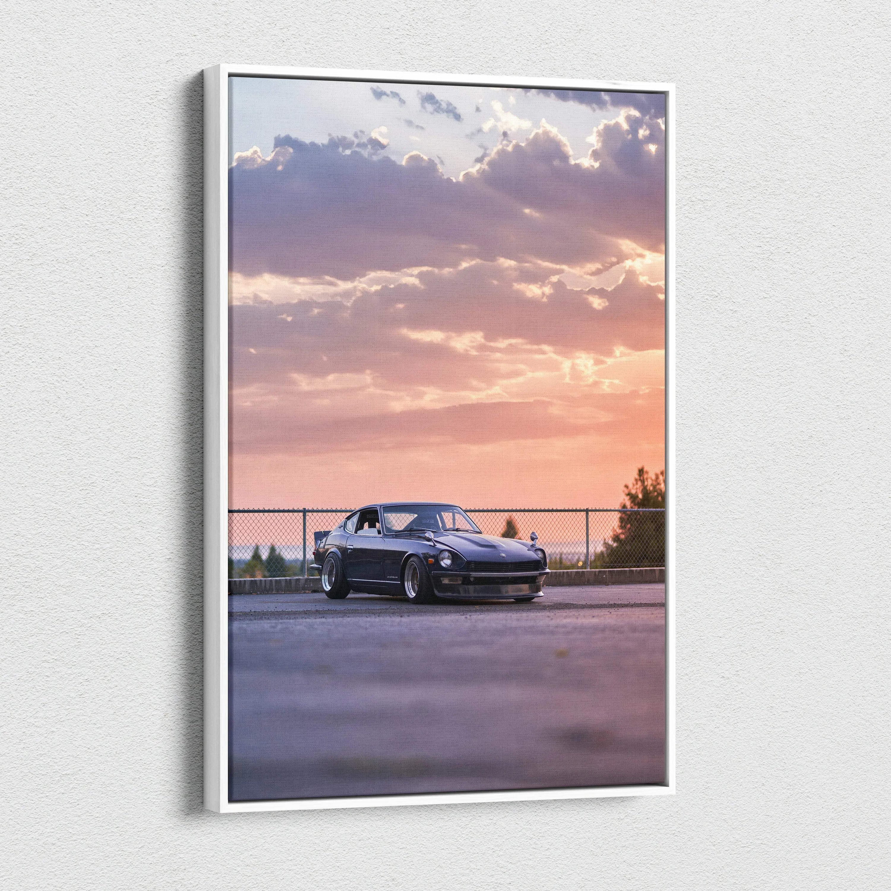 Nissan 240z at sunset with purple sky on vertical canvas wall art.
