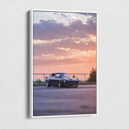 Nissan 240z at sunset with purple sky on vertical canvas wall art.