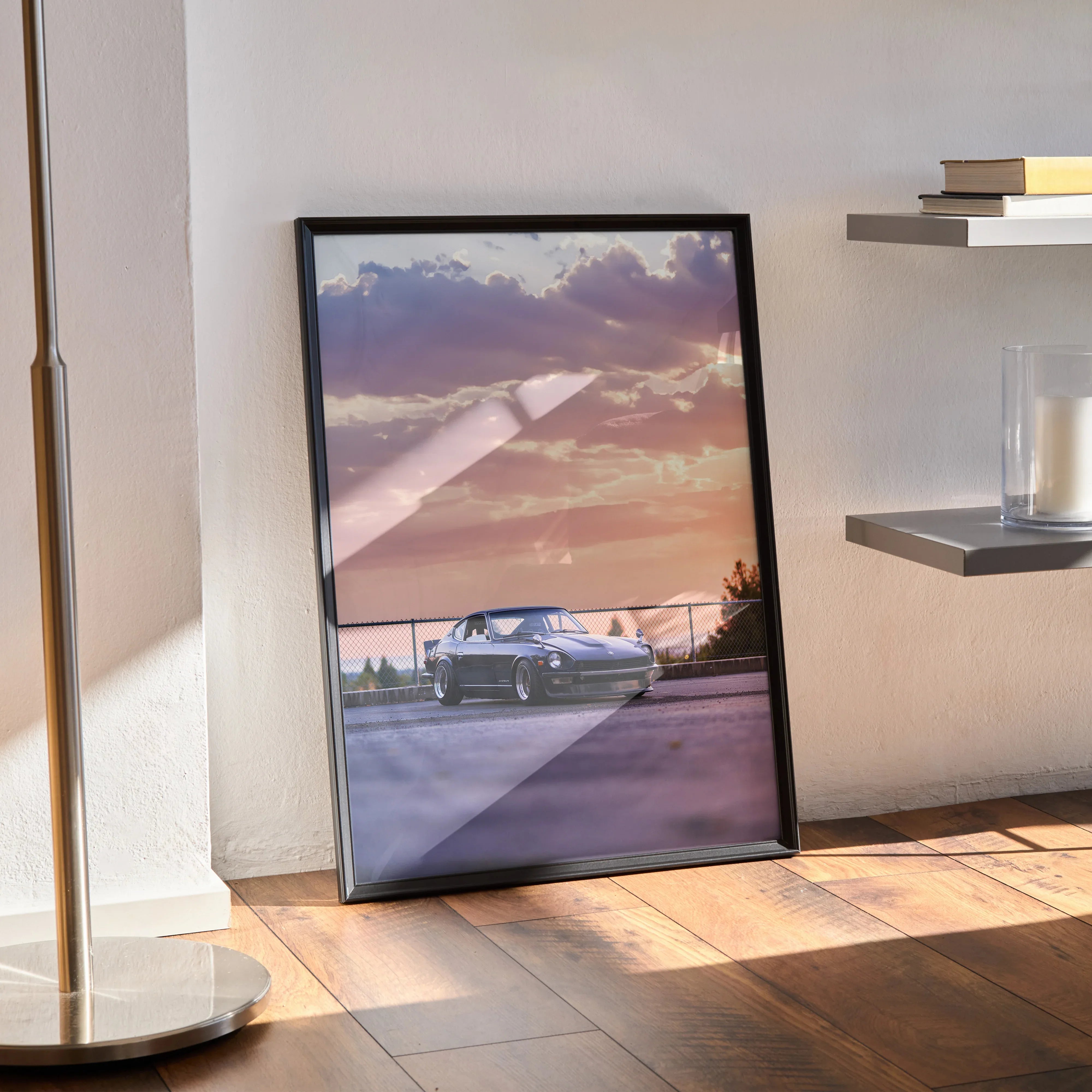 Nissan 240z parked at sunset with warm sky tones vintage car poster wall art.