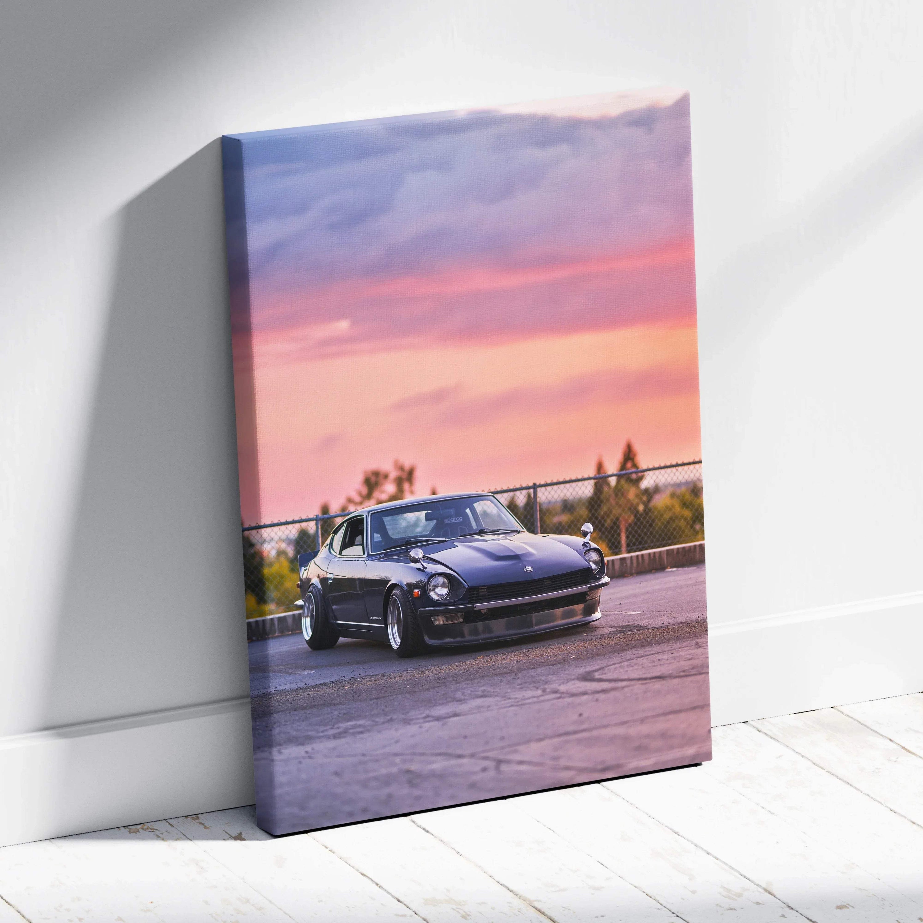 Nissan 240z car at sunset canvas wall art with vibrant pink and purple sky.