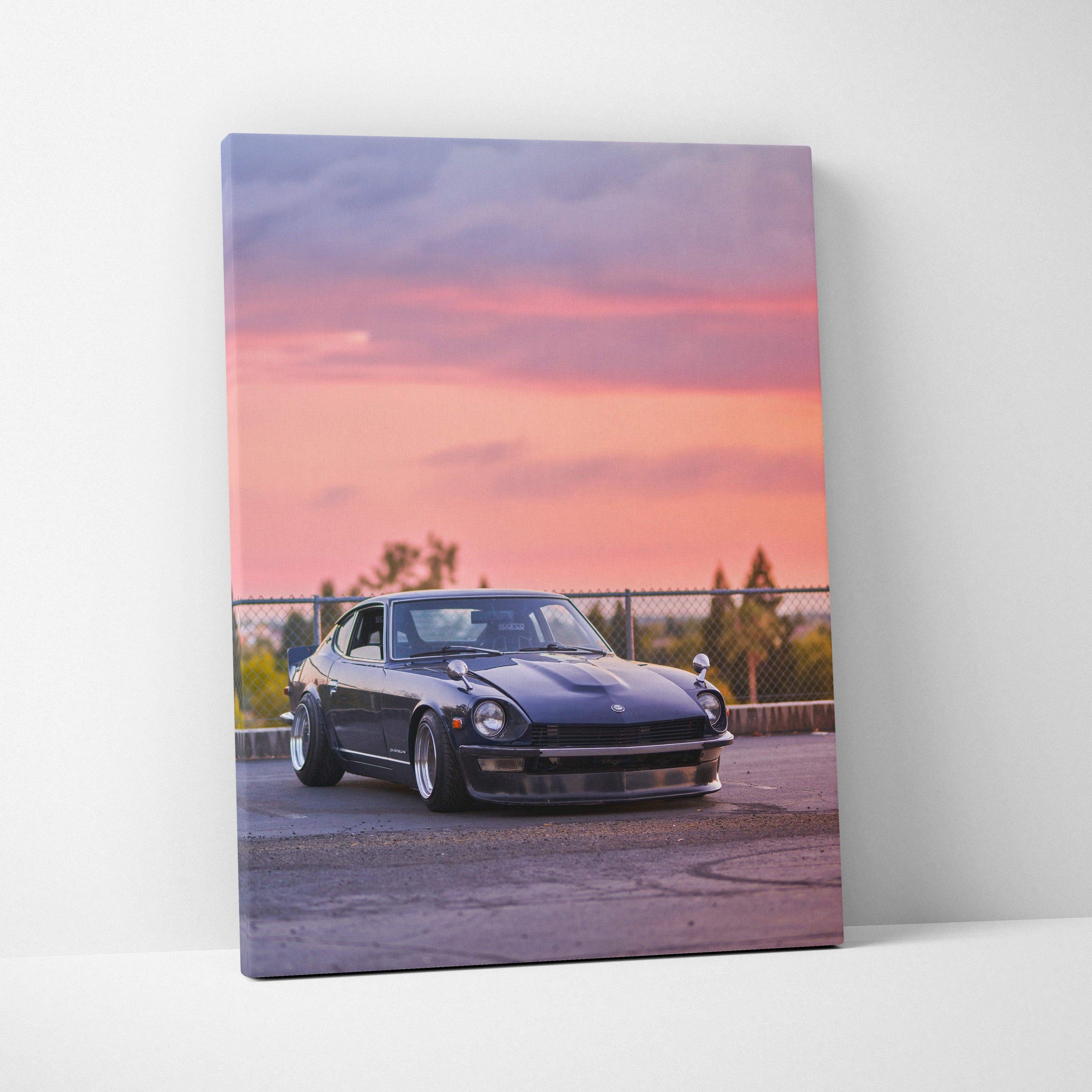 Nissan 240z parked during sunset canvas wall art with vibrant sky colors and modern car design.