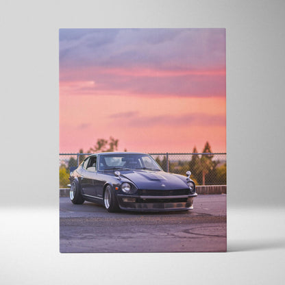 Nissan 240z black car against purple and pink sunset sky vertical canvas wall art.