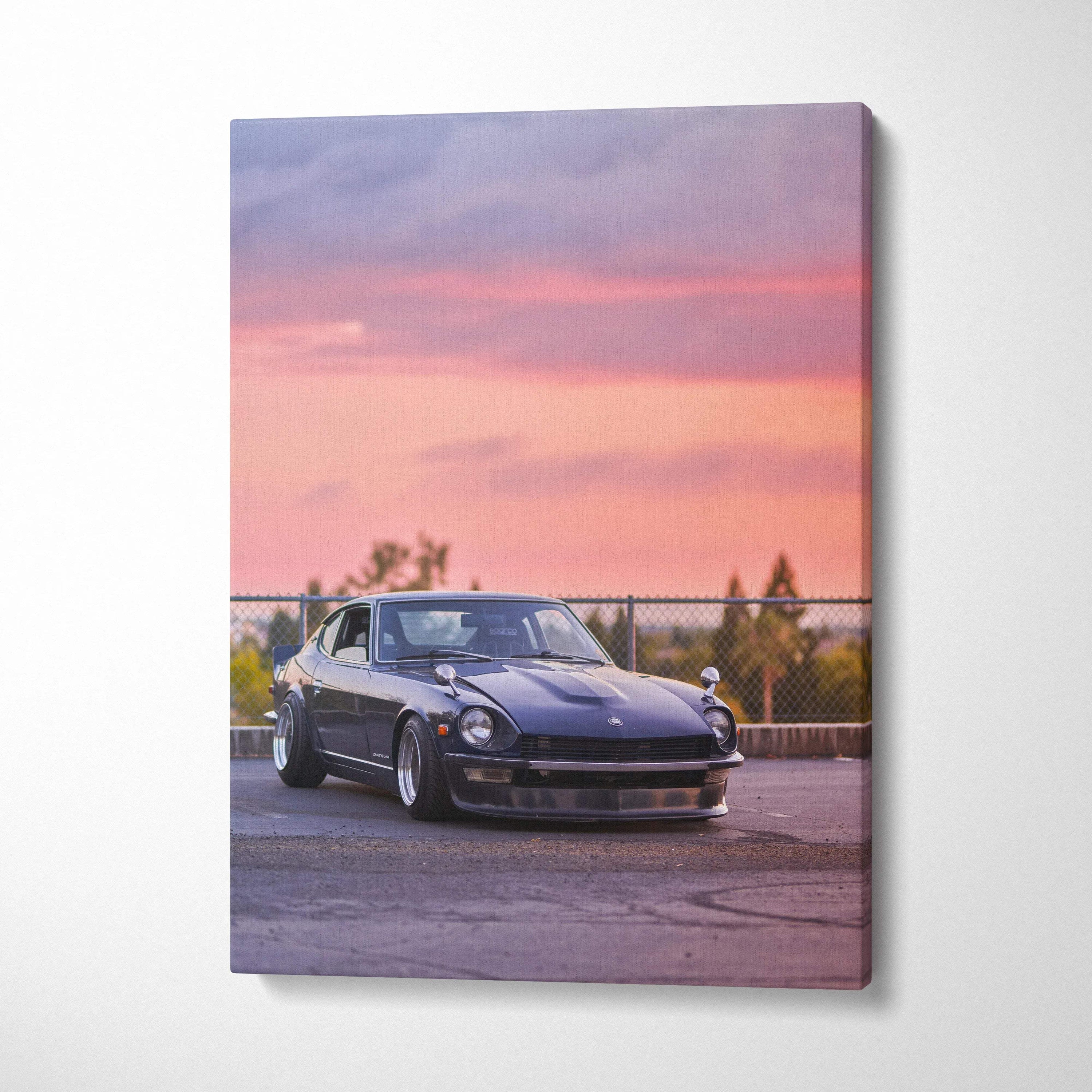 Nissan 240z vintage car captured at sunset on high-resolution vertical canvas wall art.