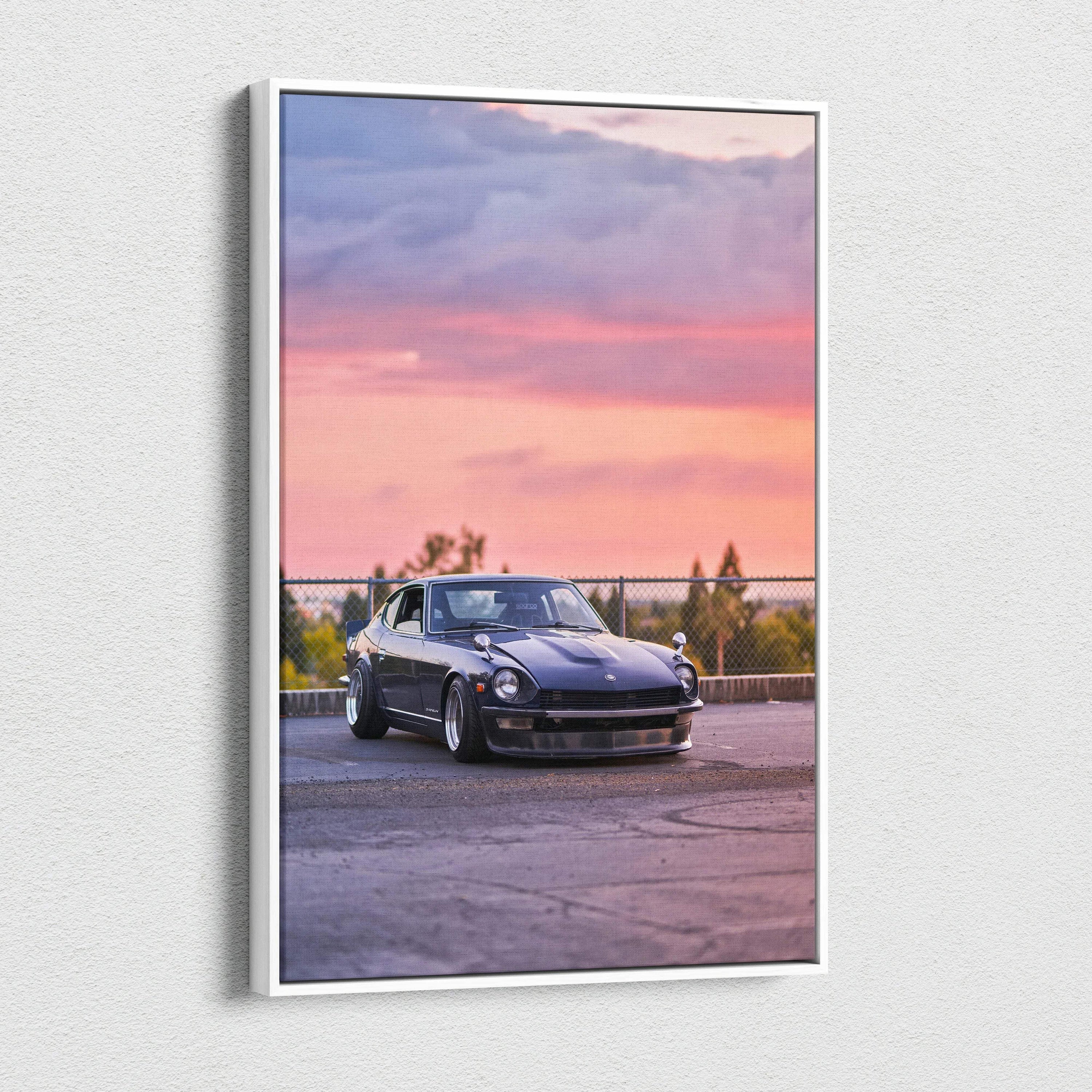 Nissan 240z black car canvas art with pink and purple sunset sky wall art.