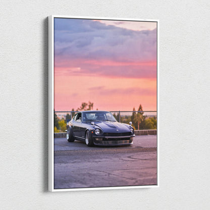 Nissan 240z black car canvas art with pink and purple sunset sky wall art.