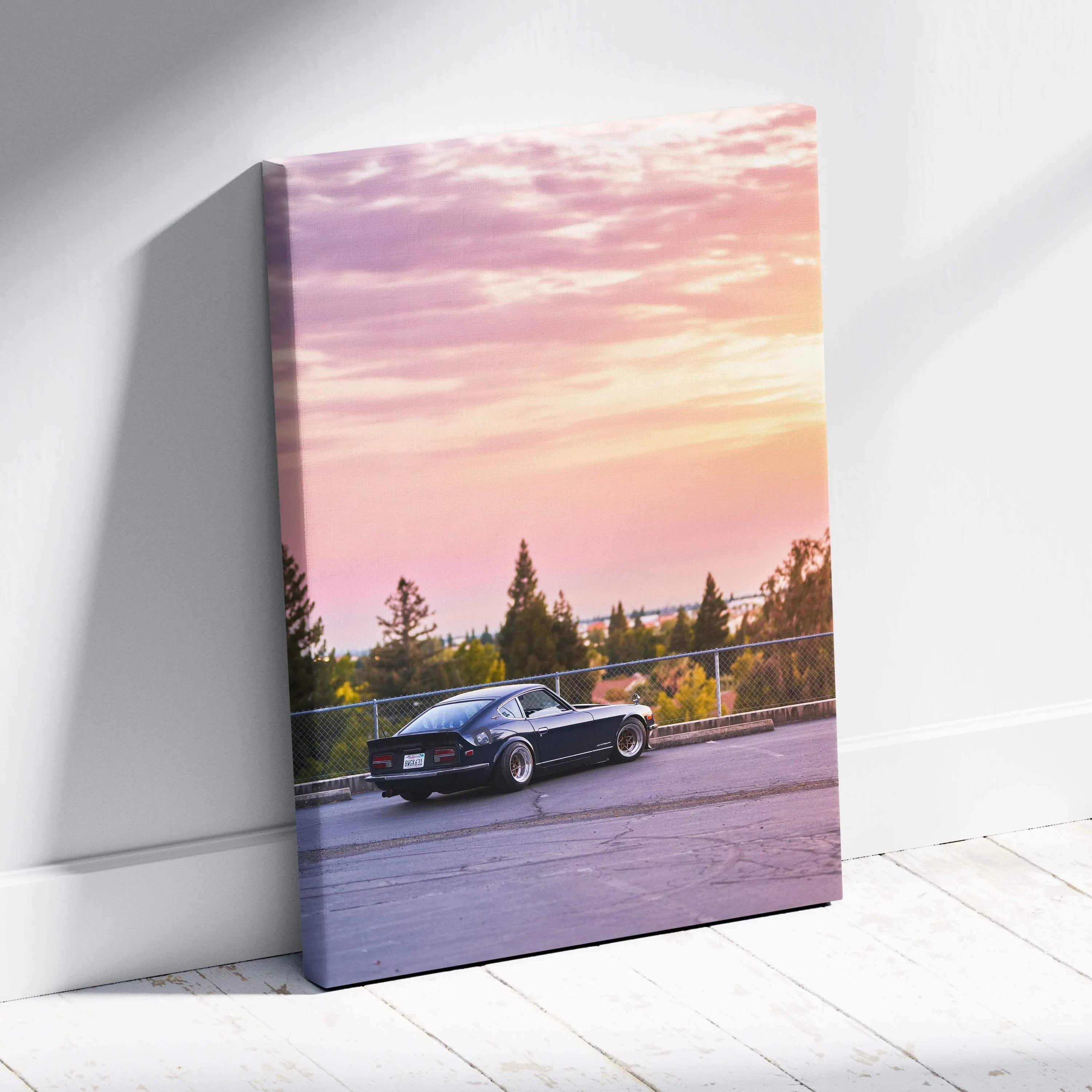 Nissan 240z car at sunset with colorful sky on vertical canvas wall art.